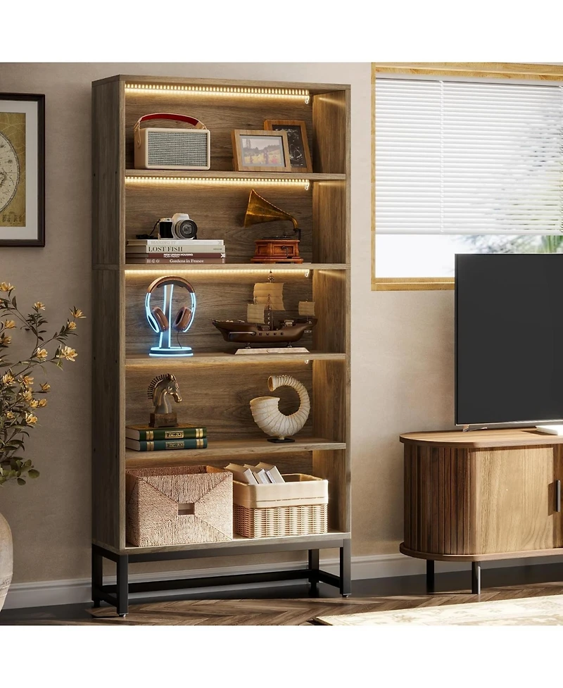 Tribesigns 70.8" Tall Bookcase and Bookshelf with Led Lights, Free-Standing Library 5-Tier Storage Shelves