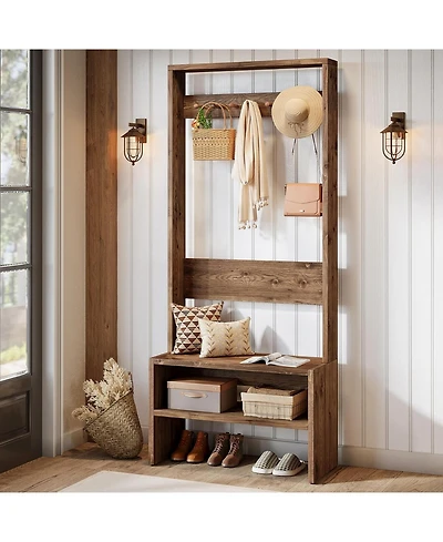 Tribesigns 70.8” Tall Freestanding Coat Rack with Shoe Bench, 7 Hooks & 2 Shelves, Wood Hall Tree with Bench and Shoe Storage