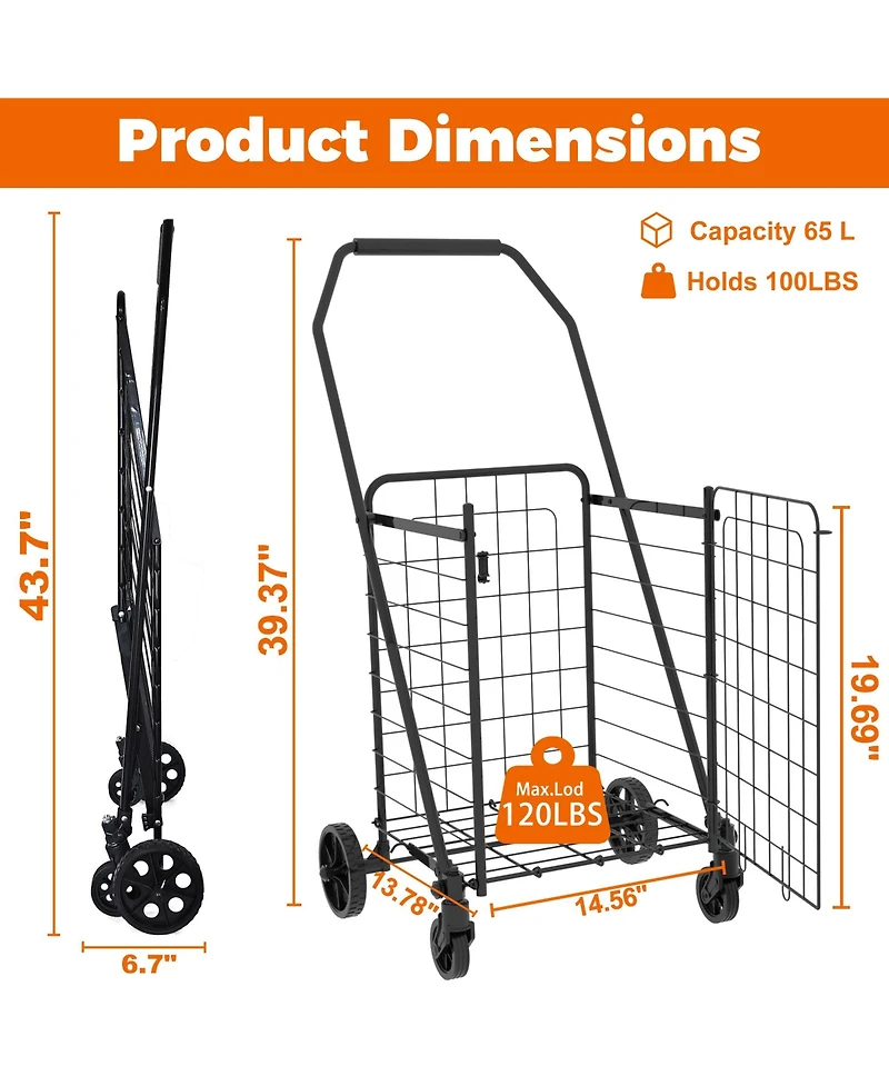 Rainsken Folding Shopping Cart, Grocery Cart with 360° Swivel Wheels, Open Door for Groceries and Laundry