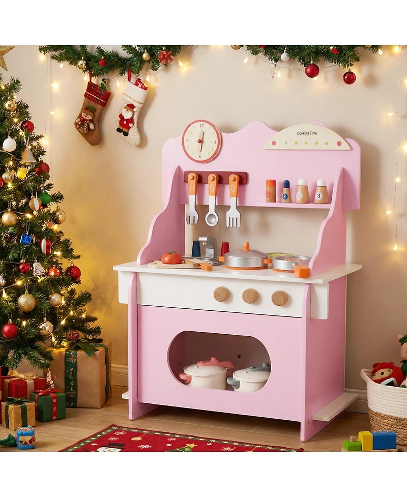 Mecale Wooden Play Kitchen Pretend Toy with Clock, Gift Set for Boys & Girls Ages 3