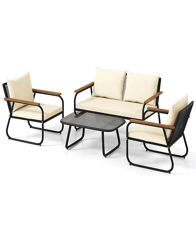 Gymax Set Of Patio Furniture Set w/Tempered Glass Coffee Table Pe Wicker Rattan Chairs