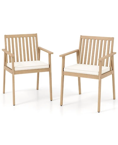 Gymax 2 Pcs Patio Dining Chairs w/ Removable Padded Cushion Armrests & Teak Oil Finish