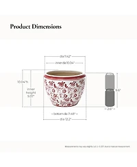 LuxenHome Red Floral Ceramic Planter, 12.2" Round, Indoor & Outdoor Garden Pot