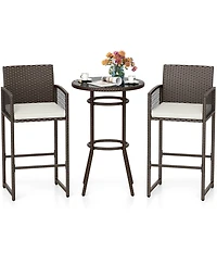 Gymax 3 Piece Wicker Patio Bar Set w/ 2 Seat Cushions Glass Tabletop for Backyard