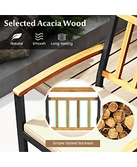 Gymax Set Of 7 Patio Acacia Wood Dining Set w/ Soft Seat Cushions Umbrella Hole Outdoor
