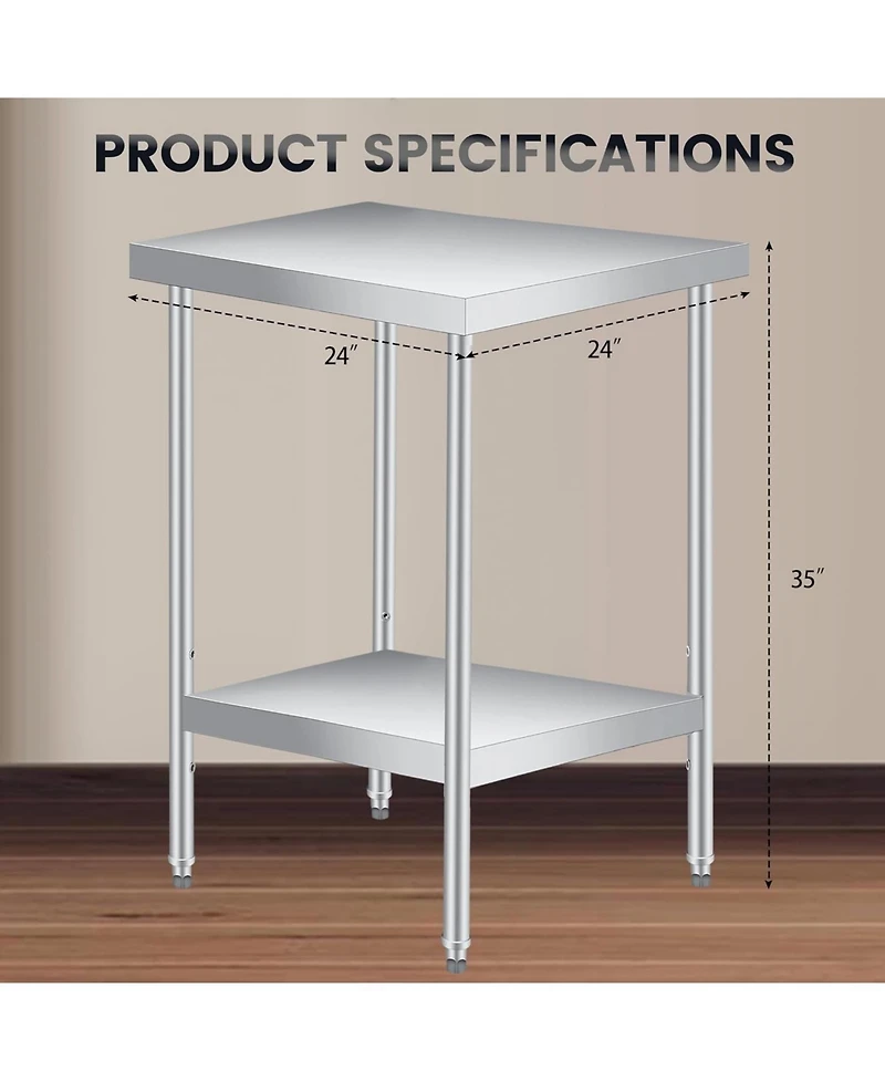 gaomon 24" x 24" Stainless Steel Work Table with Adjustable Lower Shelf, 201 Grade Commercial Kitchen Prep Table & Utility Table