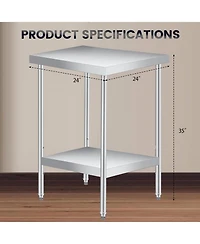 gaomon 24" x 24" Stainless Steel Work Table with Adjustable Lower Shelf, 201 Grade Commercial Kitchen Prep Table & Utility Table