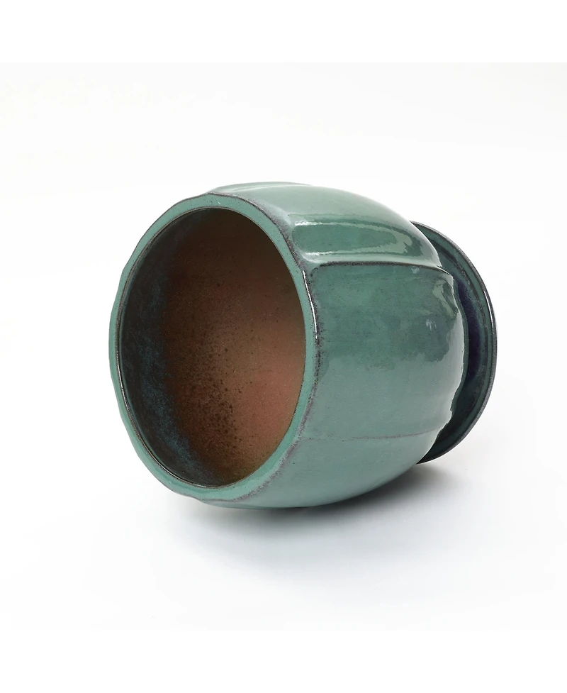 LuxenHome Glossy Gradient Teal Ceramic Planter, 13.4-Inch Tall Ridged Container with Connected Tray