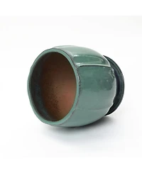 LuxenHome Glossy Gradient Teal Ceramic Planter, 13.4-Inch Tall Ridged Container with Connected Tray