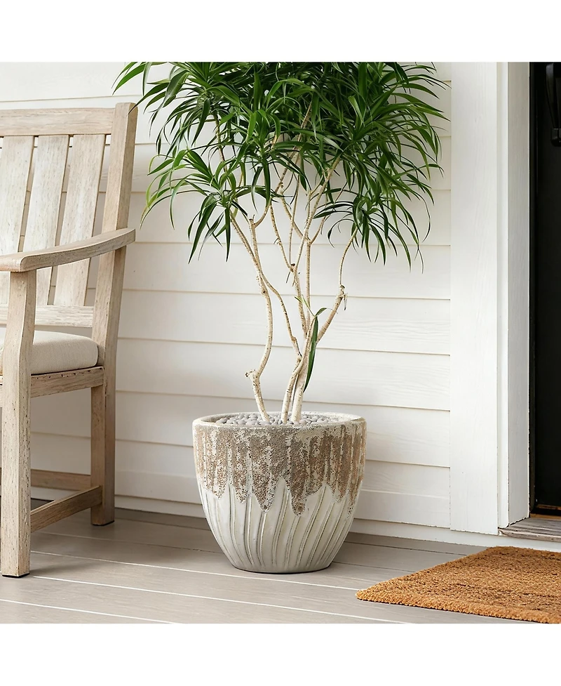 LuxenHome Boho Earth Ceramic Planter, 12” Tall Round Pot with Vertical Grooves & Artisan Texture