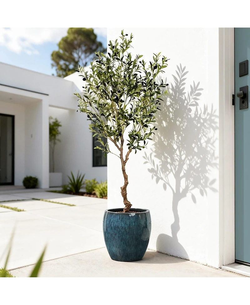 LuxenHome Oceanside Teal Ceramic Planter Pot , 11.8” Tall Glossy Plant Container with Drainage Hole