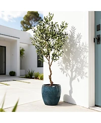 LuxenHome Oceanside Teal Ceramic Planter Pot , 11.8” Tall Glossy Plant Container with Drainage Hole