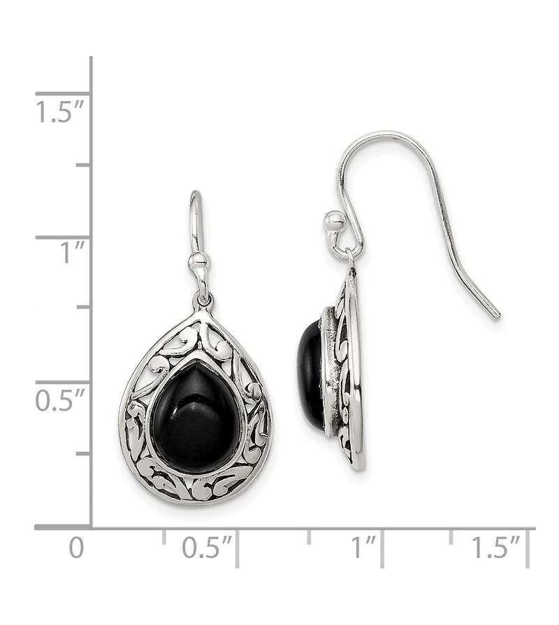 Curata Jewelry 925 Sterling Silver Oxidized Rhodium-Plated Teardrop Simulated Onyx Filigree Boho Hook Earrings