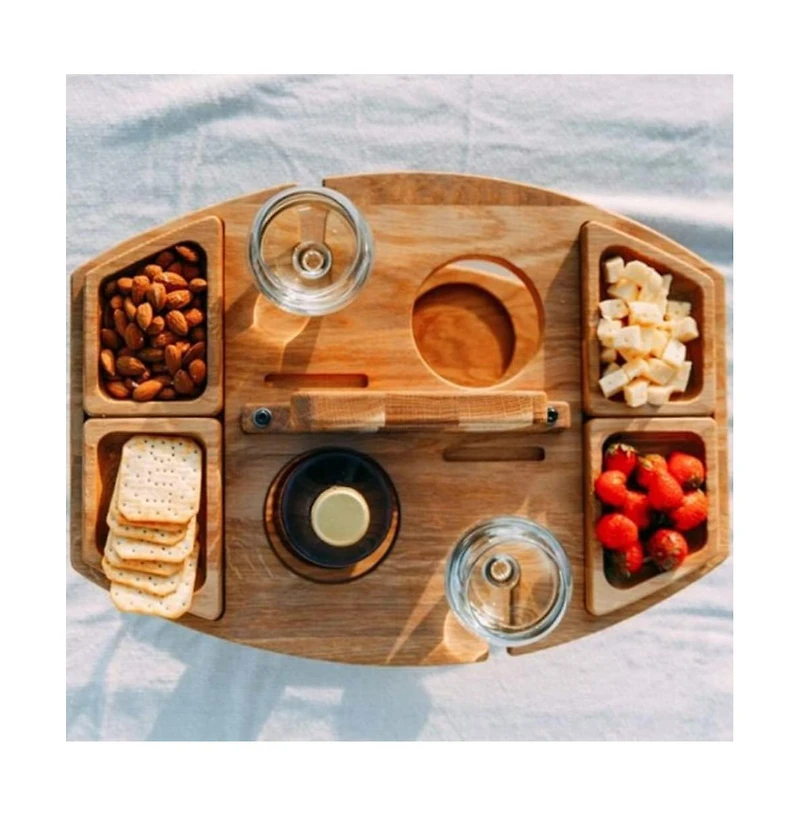 gaomon Portable Wooden Picnic Table for Outdoor Use – Removable Wine Glass Holder – Snack Serving Tray – Carrying Handle for Easy Transport Wood
