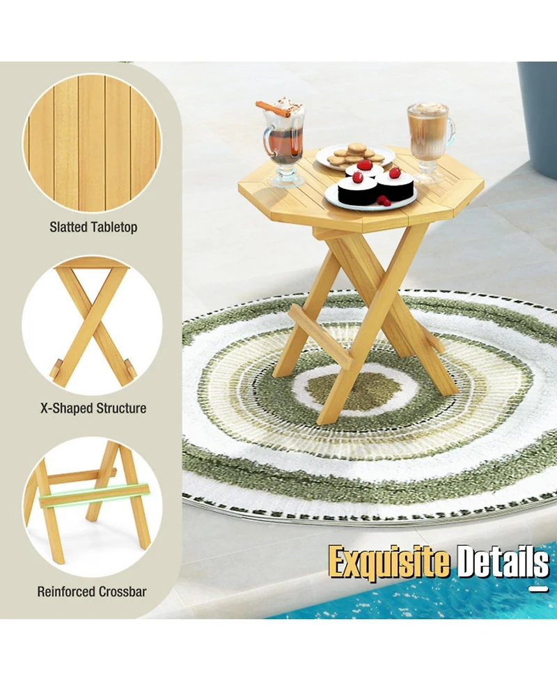 Clihome 20" Folding Teak Wood Octagon Coffee Table with X-Legs & Slatted Top