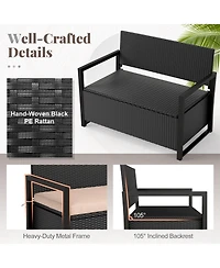Gymax Patio Storage Bench Wicker Loveseat w/ Built-in Storage & Long Seat Cushion Outdoor