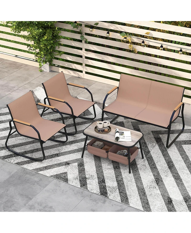 Costway 4 Pcs Patio Furniture Set with 2 Rocking Bistro Chairs 2-Tier Coffee Table