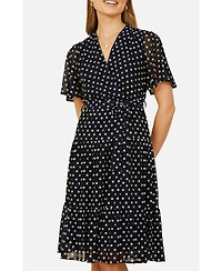Yumi Women's Dot Print Mesh Stretch Midi Skater Dress