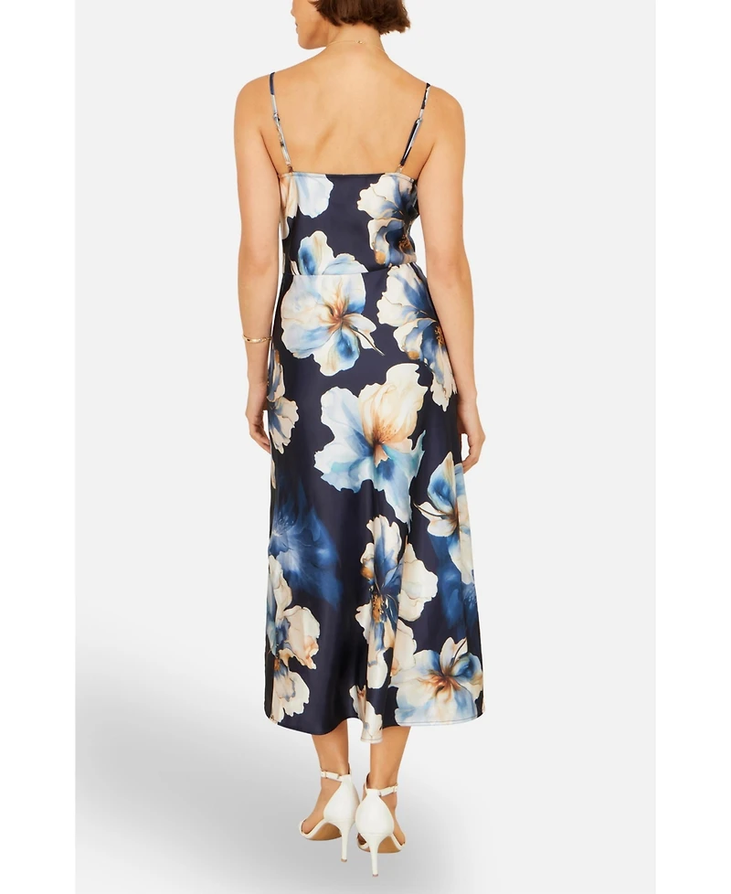 Yumi Women's Cowl Neck Satin Floral Dress