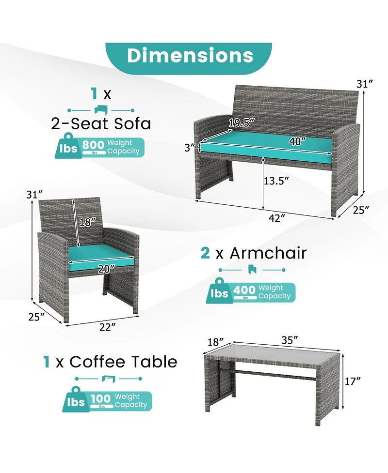 Gymax 8PCS Patio Outdoor Conversation Set w/Seat Cushions & Tempered Glass Tabletop