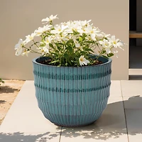 LuxenHome Boho Coastal Ceramic Planter, 11.2" Tall Pot with Ribbed Texture & Weathered Finish