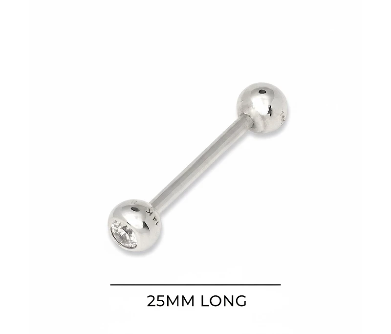 Curata Jewelry Solid 14k Gold 14G 5mm Bezel Cubic Zirconia Straight Barbell Internally Threaded Tongue Ring Body Piercing