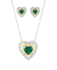 Macy's 3-Piece Created Emerald (1-1/2 ct. t.w.) and White Topaz (5/8 ct. t.w.) Heart Pendant Necklace and Stud Earrings Set in 14k Sterling Silver