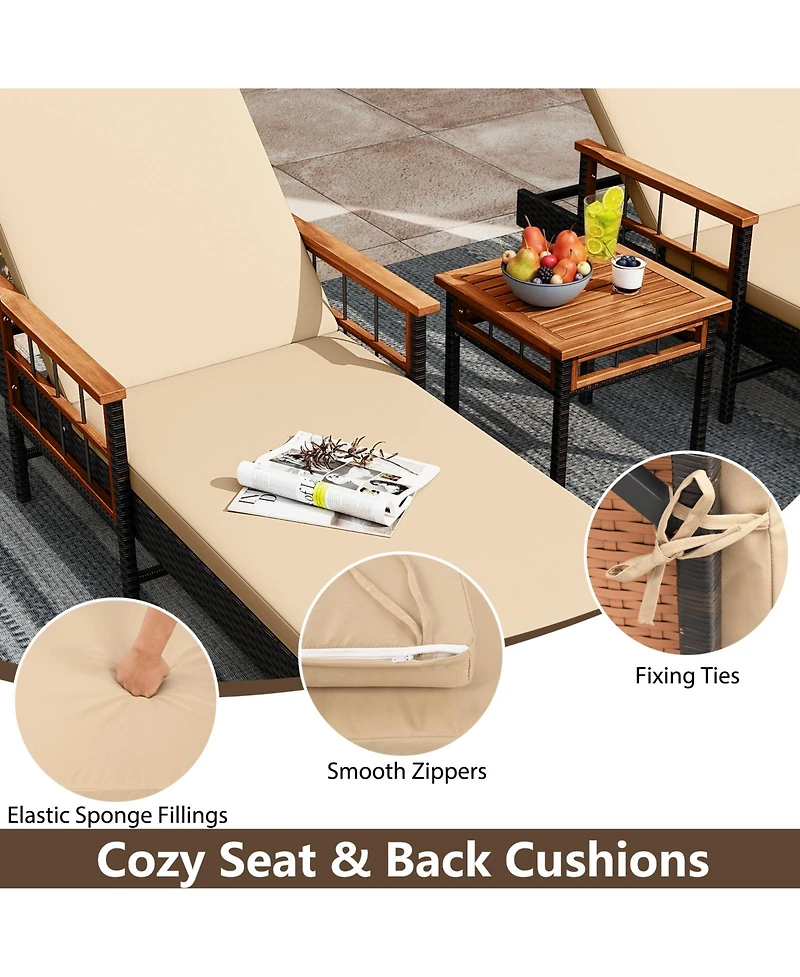 Gymax 2 Pcs Patio Rattan Chaise Lounge w/ Side Table Outdoor Reclining Chair Set