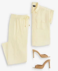 I.N.C. International Concepts Petite Linen Blend Short Sleeve Button Front Shirt High Rise Wide Leg Pants Macys Exclusive