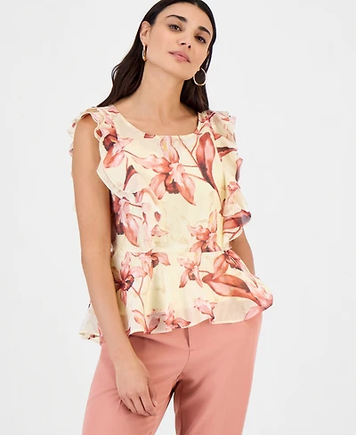 I.n.c. International Concepts Petite Printed Ruffle-Sleeve Peplum Blouse, Macy's Exclusive