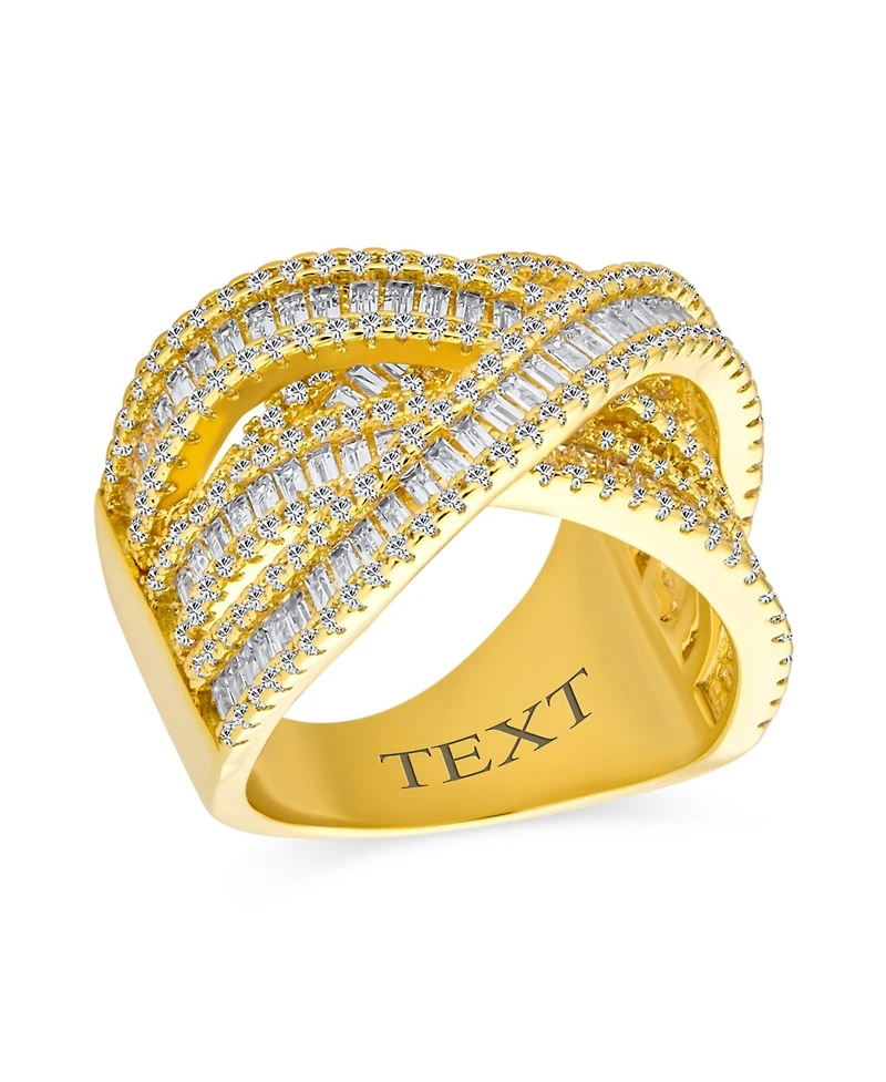 Bling Jewelry Pave Cz Crossover Criss Cross Costume Faux Stacking Wide Statement Cocktail 4 Row Baguette Multi Band Ring 14KGold Plated