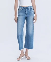 Flying Monkey Women's High Rise Raw Hem Crop Slim Wide Leg Jeans