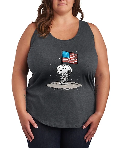 Hybrid Apparel Plus Size Peanuts Snoopy Astronaut American Flag Racerback Graphic Crewneck Tank Top