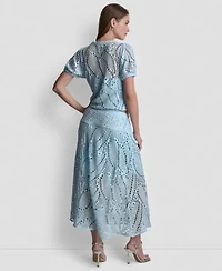 Dkny Womens Leaf Crochet Short Sleeve Top Crochet Leaf Pull On Midi Skirt