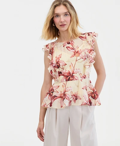 I.n.c. International Concepts Women's Printed Ruffle-Sleeve Peplum Blouse, Macy's Exclusive