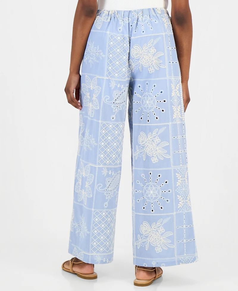 And Now This Petite Embroidered Cotton Wide-Leg Pants, Macy's Exclusive