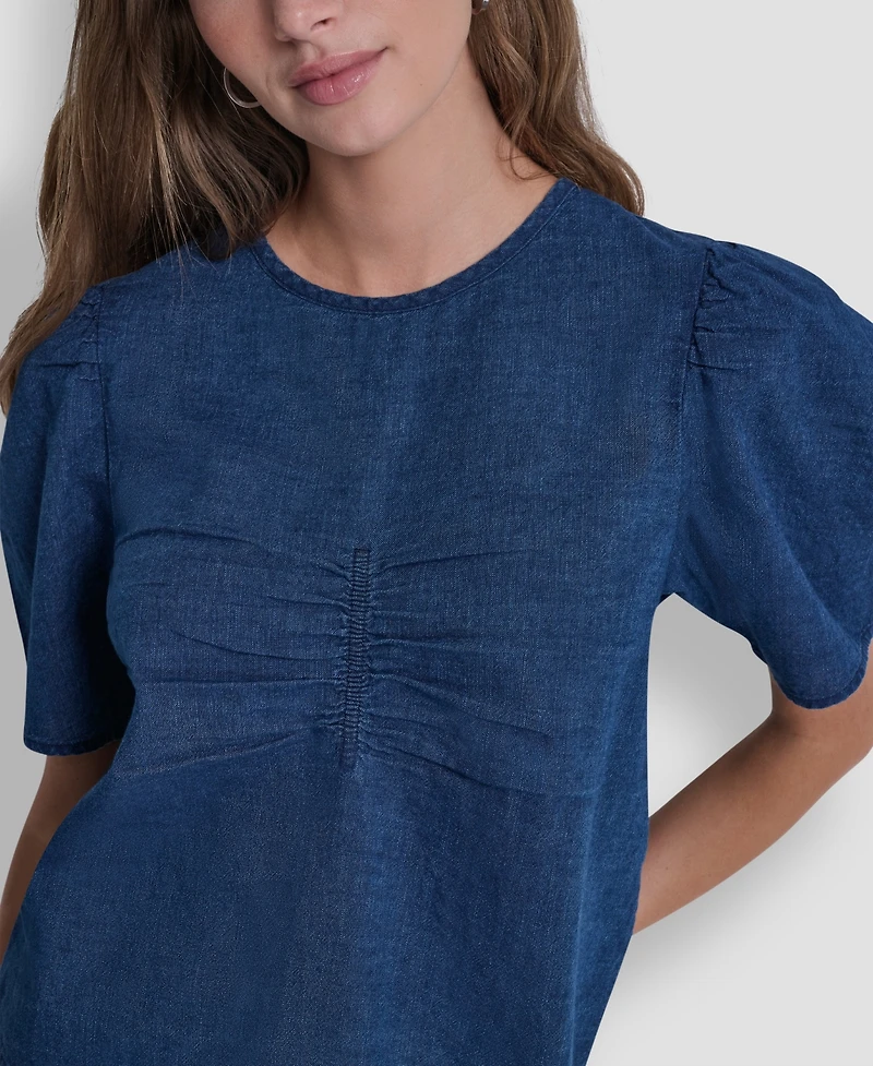 Dkny Jeans Petite Puff-Sleeve Crewneck Ruched Front Shirt