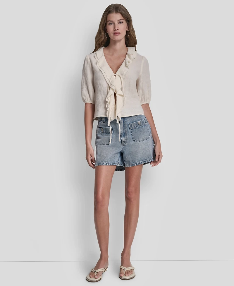Dkny Jeans Petite Puff Short-Sleeve Tie Front V-Neck Shirt