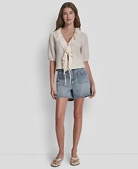 Dkny Jeans Petite Puff Short-Sleeve Tie Front V-Neck Shirt