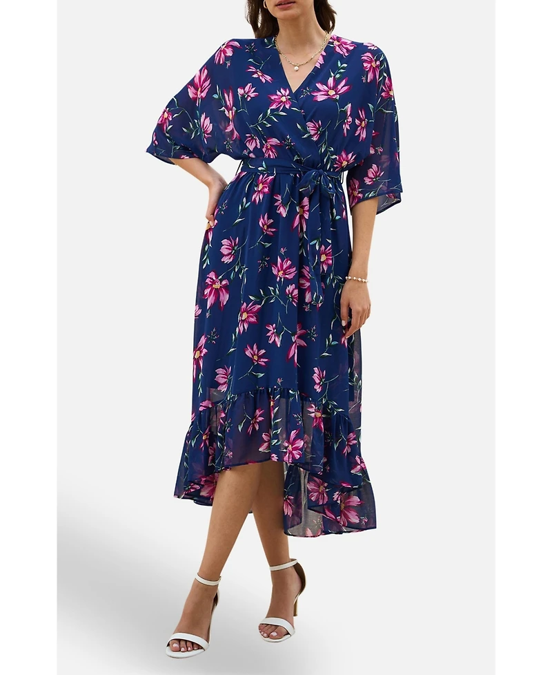 Yumi Women's Floral Kimono Wrap Dipped Hem Midi Dress