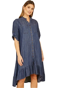 Yumi Women's Denim Dip Hem Relaxed Fit Shirt Dress