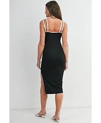 Hello Miz Maternity Ribbed Bodycon Midi Dress with Double Straps and Side Slit