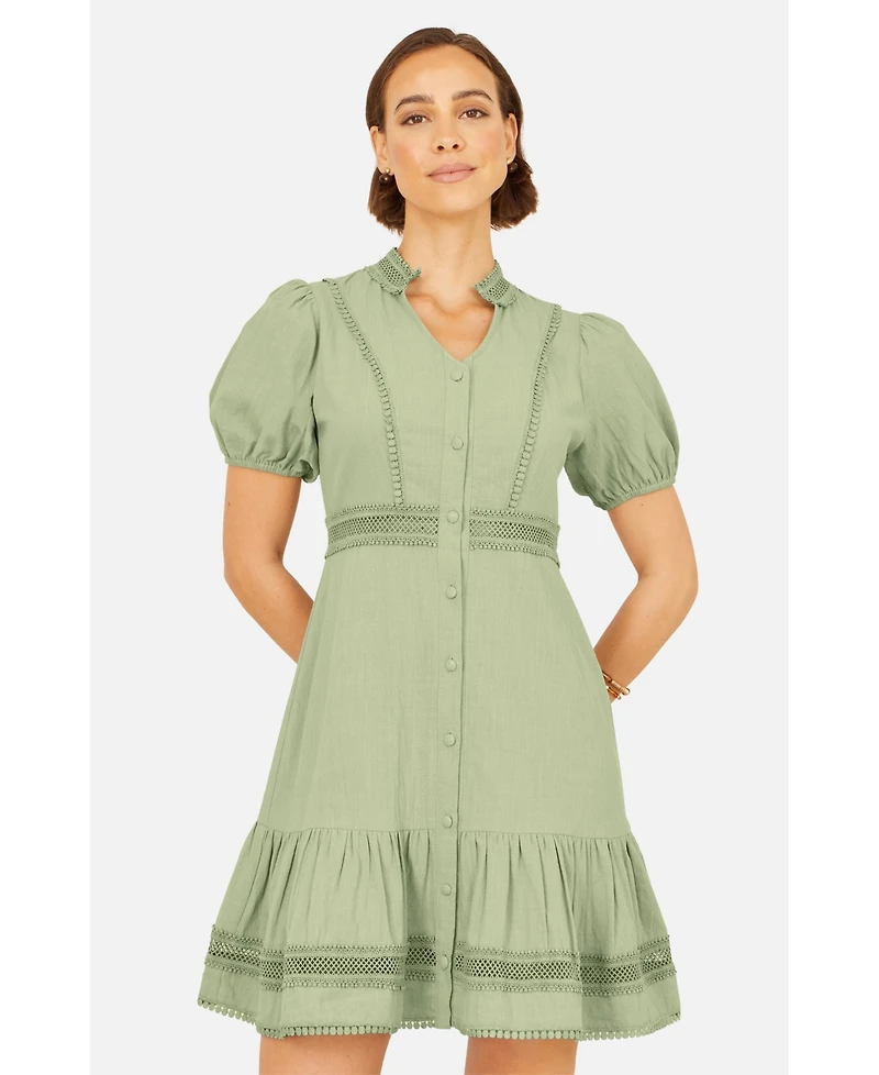 Yumi Women's Cotton Lace Trim Skater Shirt Dress