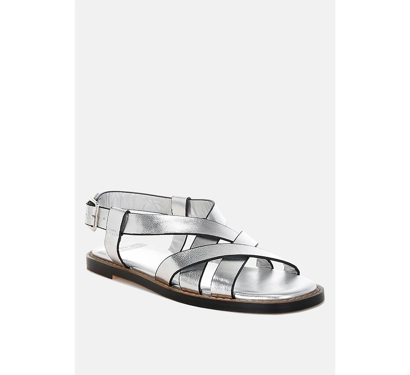Doata Metallic Genuine Leather Buckled Flats