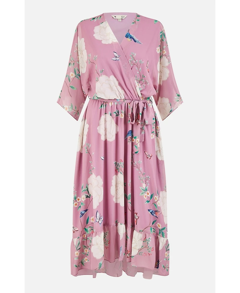 Yumi Women's Bird And Floral Print Midi Wrap Dress
