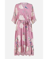 Yumi Women's Bird And Floral Print Midi Wrap Dress