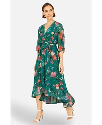 Yumi Women's Floral Dip Hem Kimono Wrap Dress
