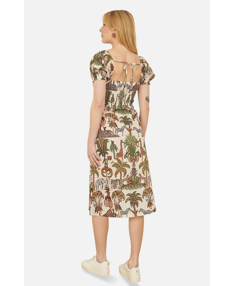 Yumi Women's Cotton Safari Print Ruched Midi Dress