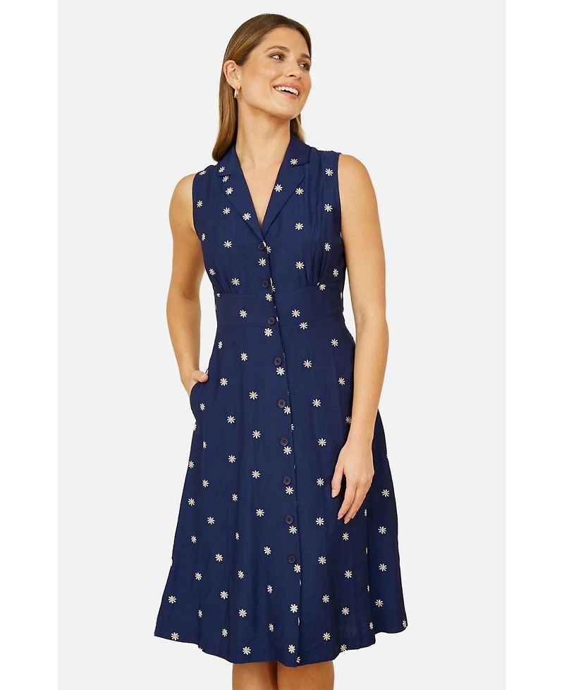 Yumi Women's Daisy Print Sleeveless Shirt Dress