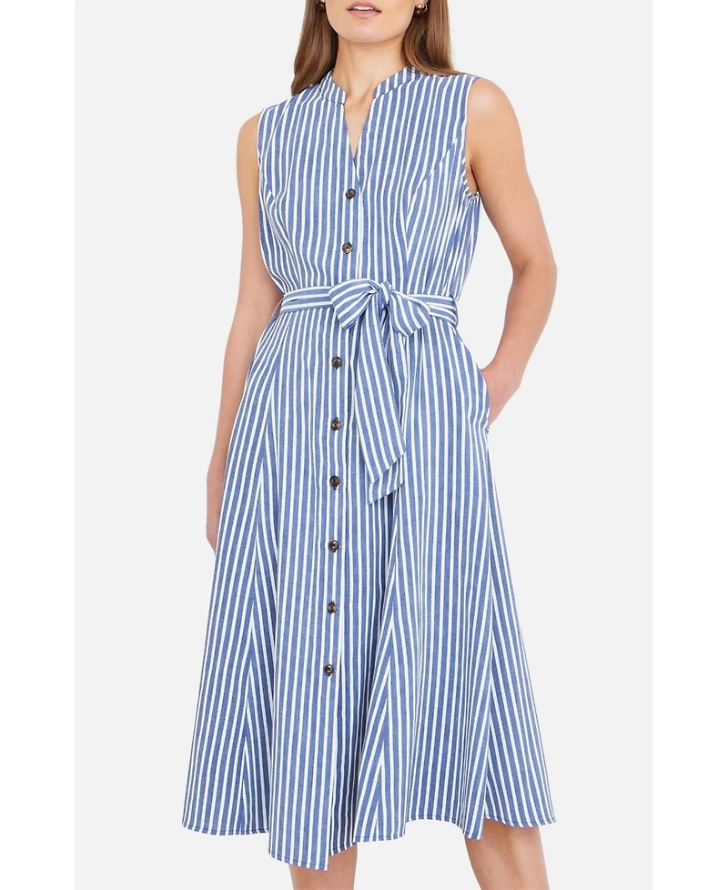 Yumi Women's Stripe Midi Sleeveless Shirt Dress